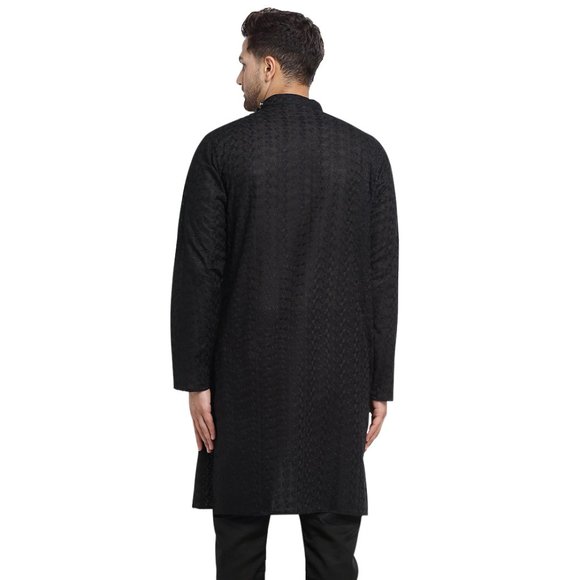 Designer Black Cotton Chikankari Lucknowi Jaal Embroidered Kurta for Men - Picture 3 of 5
